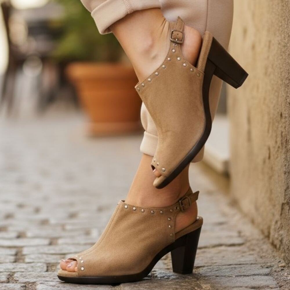 AEROSOLES Tan Suede Mules with Studs | Size 9.5